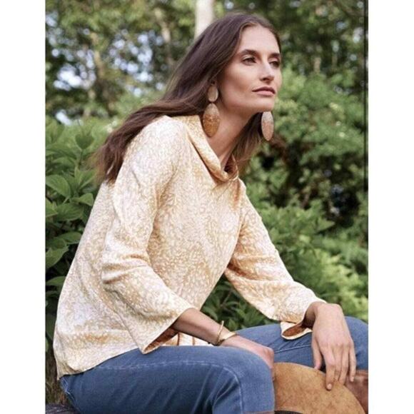 Soft Surroundings Adrienne Tan + Cream Printed Mock Neck Blouse - Large - Picture 1 of 9